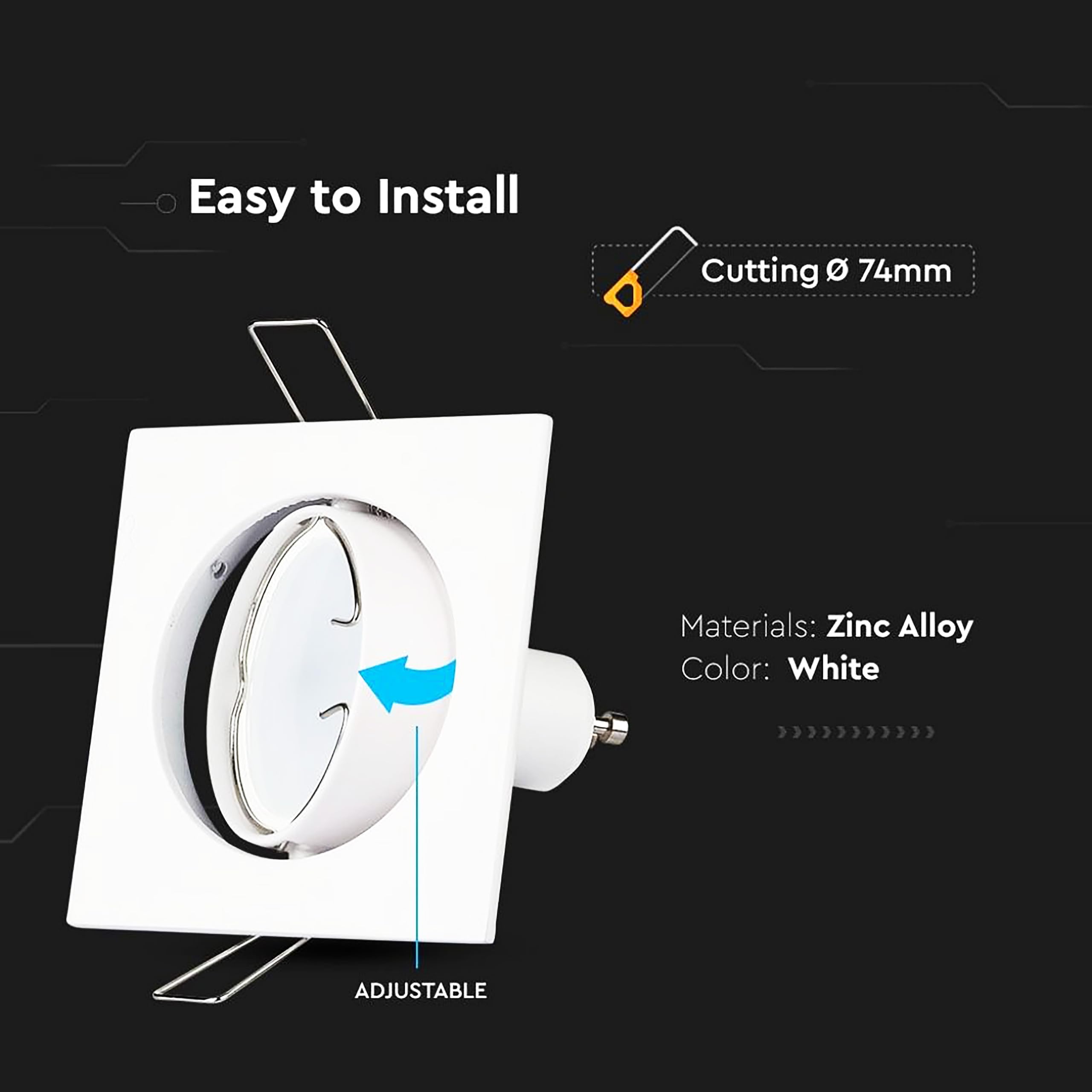 V-TAC 4x Portafaretto LED da Incasso Orientabile in Allumimnio per Faretto GU10-4 Pezzi - Sezione Incasso 74 mm - Cornice Quadrata da Lampadina per Cartongesso, Legno, Mensole, Casa -
