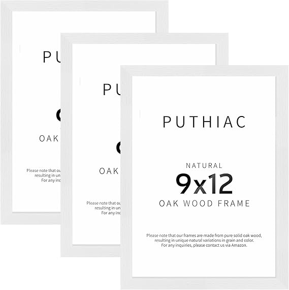 puthiac 9x12 Oak Wood Picture Frams - Minimalist 9x12 Oak Wood Frames, 9"x12" Picture Frame Wood, Natural Solid Wooden Picture Frames for Wall Art Photo and Prints(3 Pack, White)