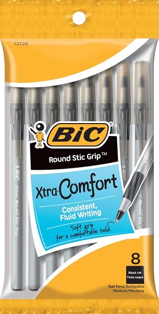 Bic Round Stic Grip Xtra Comfort Ball Pen, Medium Point (1.2 mm), Black, 8-Count