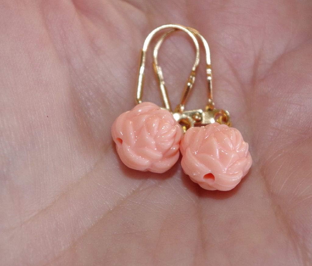 VINTAGE 14K GF ANGEL SKIN PINK ROSE MOLDED 14MM CORAL LEVERBACK EARRINGS D