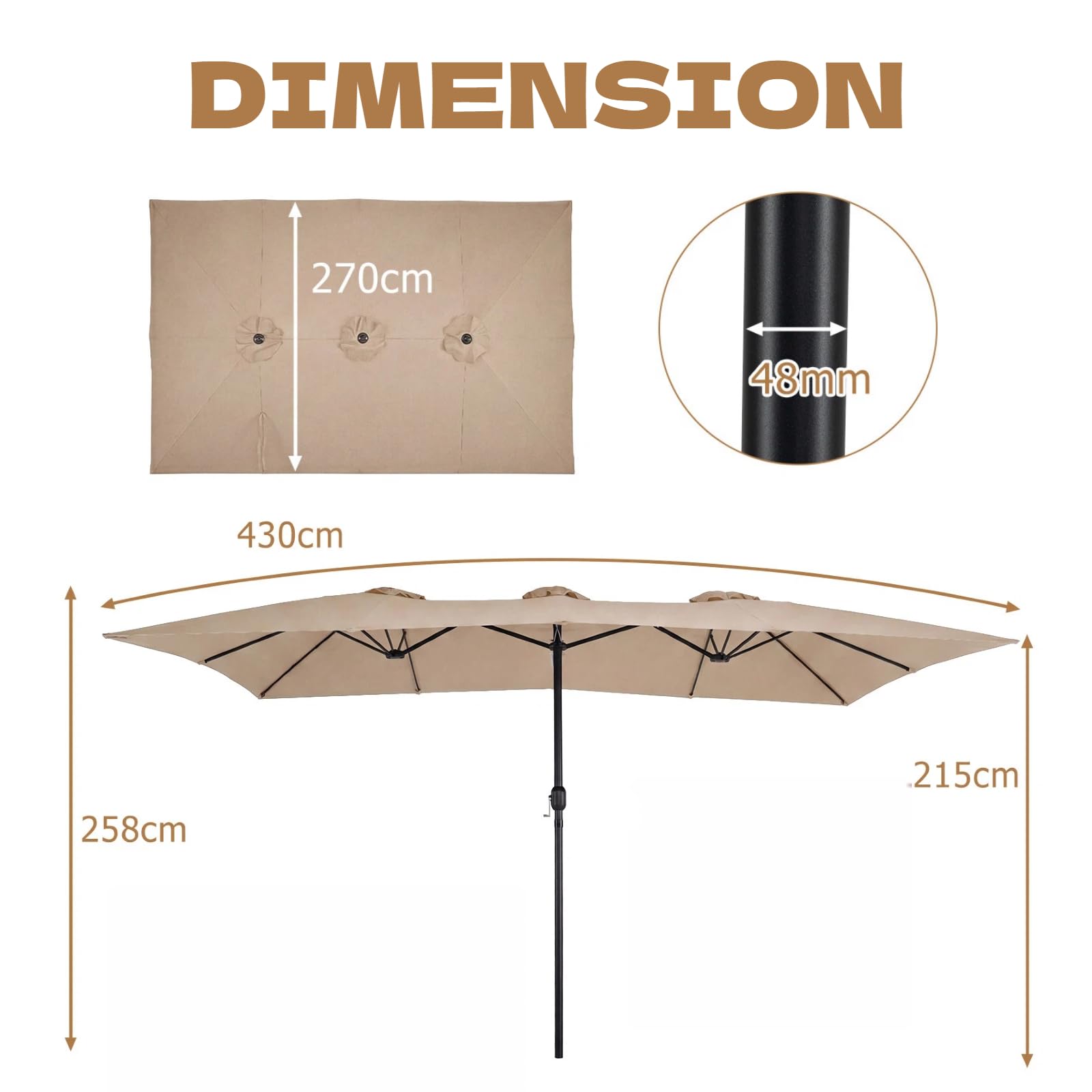 KOMFOTTEU Zewnętrzny parasol ogrodowy, prostokątny, korba i ochrona przed promieniowaniem UV, duży, wodoodporny parasol balkonowy, podwójny parasol przeciwsłoneczny, do basenu, na rynku, 430 x 270 x