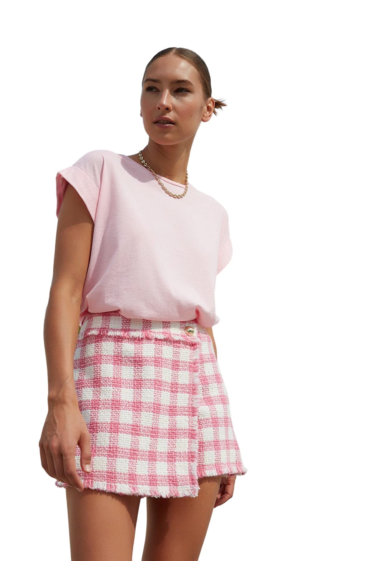 Trendyol Damen Pink 100% Baumwollwadding-Look Basic Crew Hals Strick T-Shirt Twoss20TS0021, Pink L