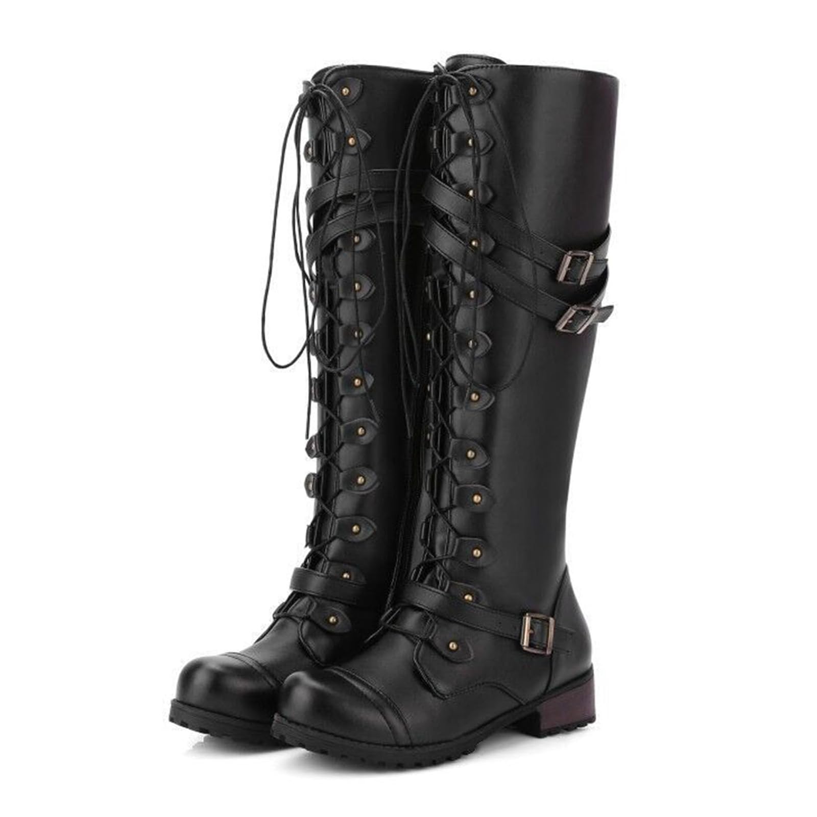 Womens PU Knee High Riding Combat Boots Autumn Winter Rivet Lace Up with Buckle High-Calf Knight Boot Vintage