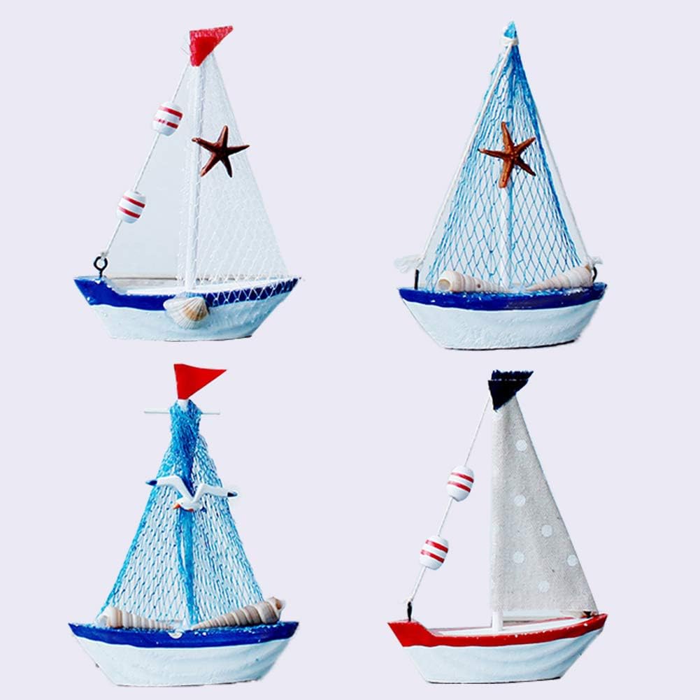 Wooden Sailboat Model Decoration Pack of 4, Mini Wood Sailing Boat Ship Model Handmade Rustic Vintage Beach Nautical Ocean Theme Sailboat Decor 5.7 x 4.3 x 1.2 Inches (Wood Sail Boat C)