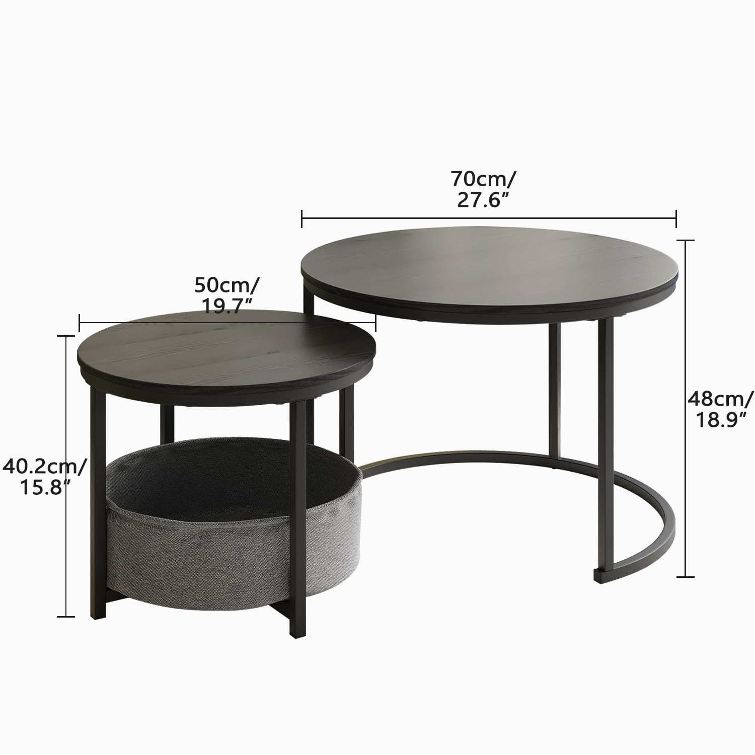 Couchtisch Rund, 2er Set Sofa Couchtisch Industrial Style, verschachtelte Beistelltische aus Metall und Holz, Vintage Sofa Tisches, Metall Satztisch Aufbewahrungstasche aus Stoff Schwarz