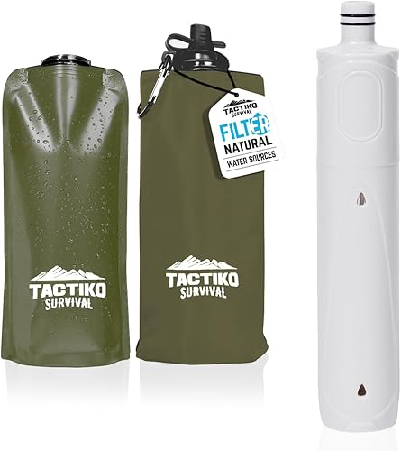 Tactiko - Botella de agua purificadora de 25 onzas, membrana UF, filtro de carbón activado de 265 galones, bebida de ríos, arroyos, popote de filtro