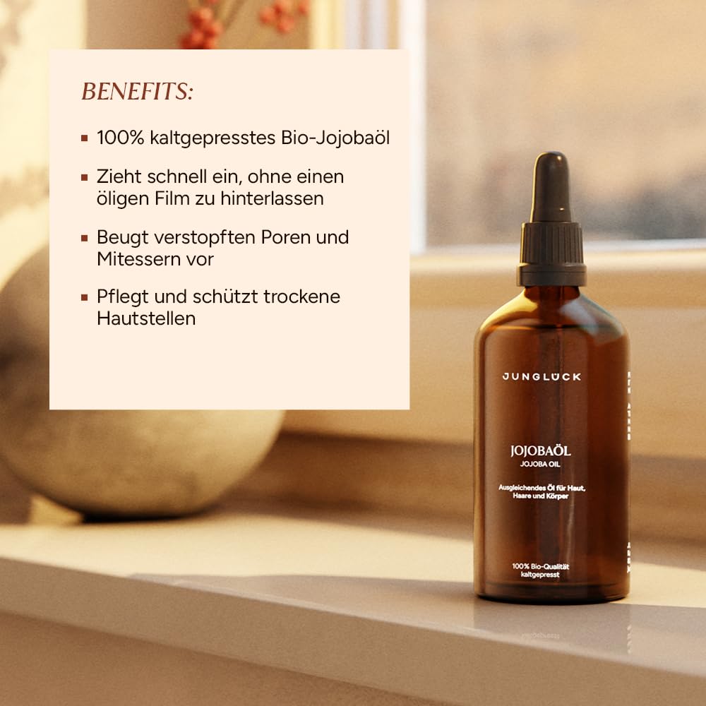 JUNGLÜCK Jojobaöl Bio Kaltgepresst - 100% Bio, Rein & Natürlich - Jojoba Oil für gesunde Haare, schöne Haut und kräftige Nägel - Naturreines Gesichtsöl und Körperöl für ein ebenmäßigeres Hautbild