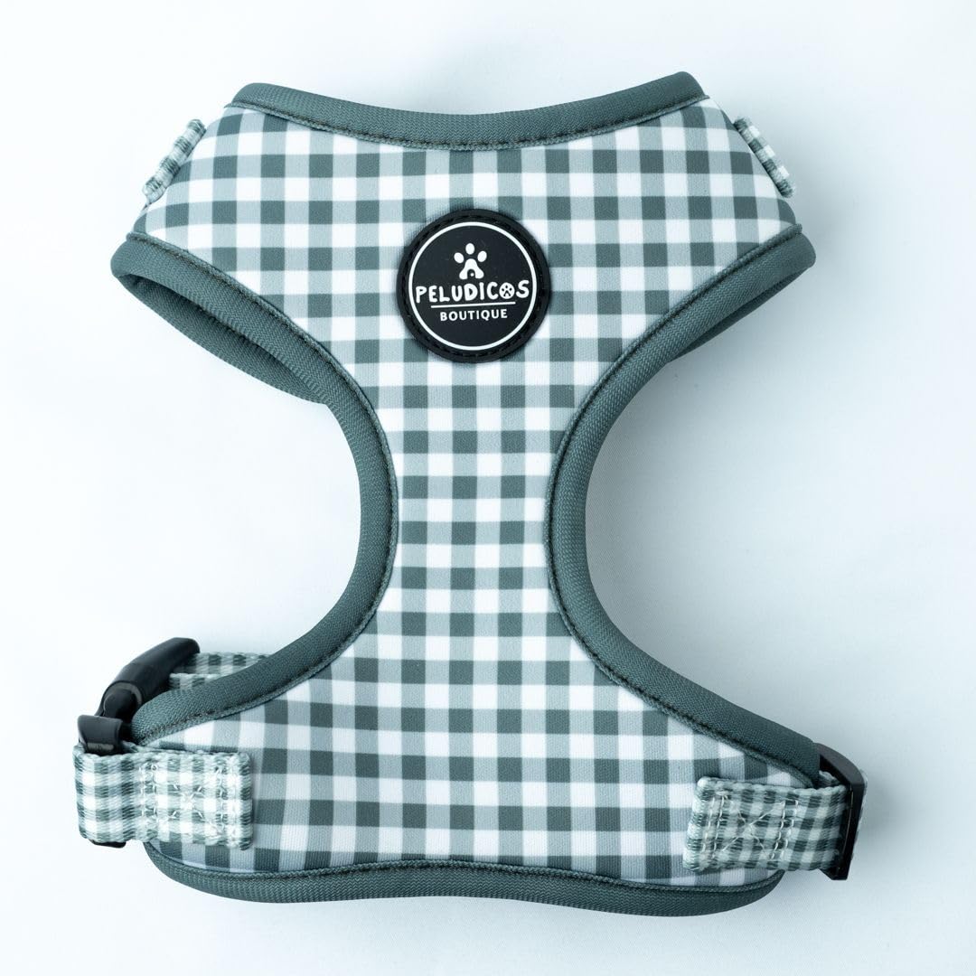 Pack Arnés,Correa y Portabolsas Caqui para Perro Ajustables de Neopreno – Diseño Vichy, Cómodos y Resistentes – 5 Tallas