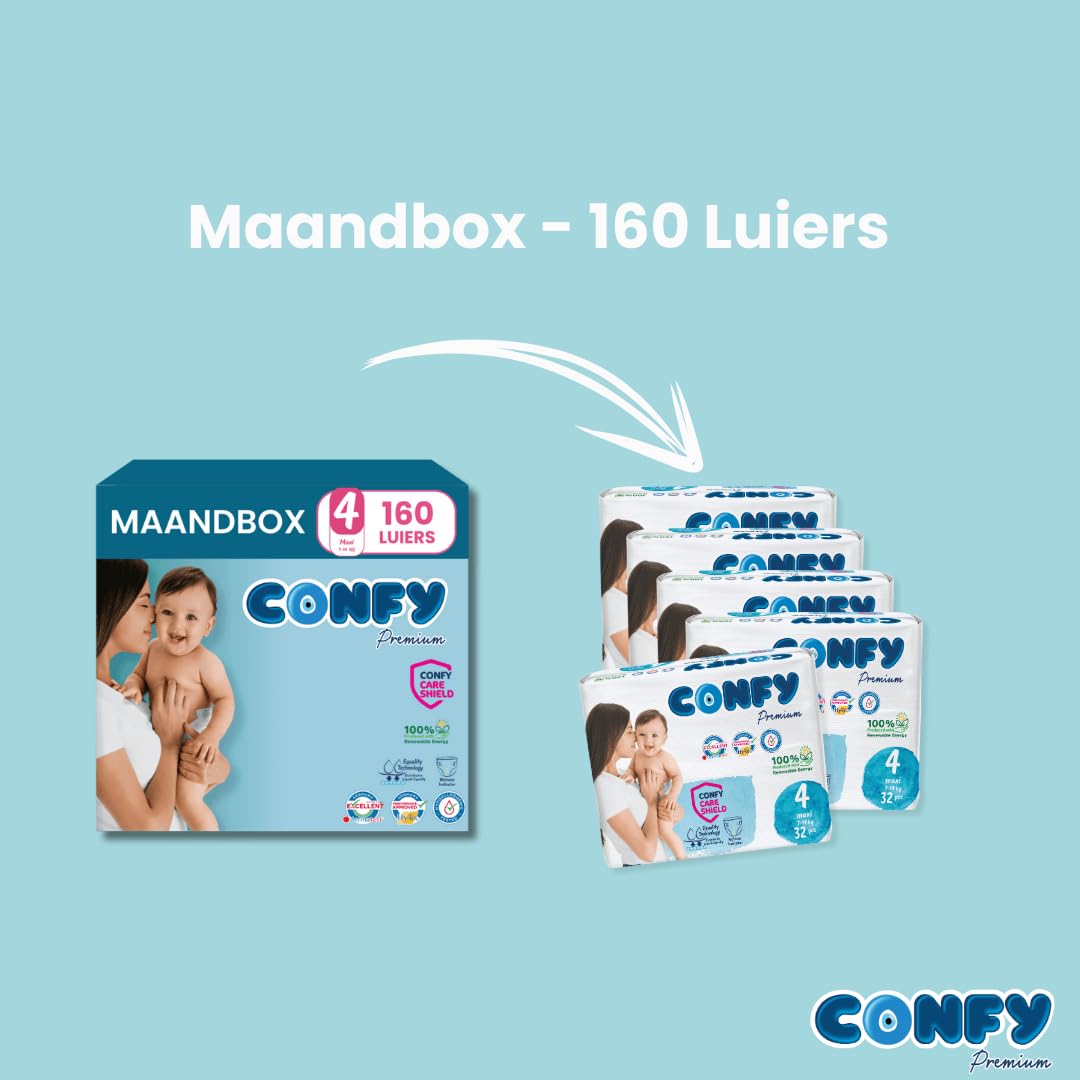 Confy Premium pieluchy dla niemowląt, rozmiar 4 (7 kg-14 kg) - pojemnik na miesiąc - 160 sztuk, testowane dermatologicznie, super chłonne, wskaźnik oddawania moczu, CareShield