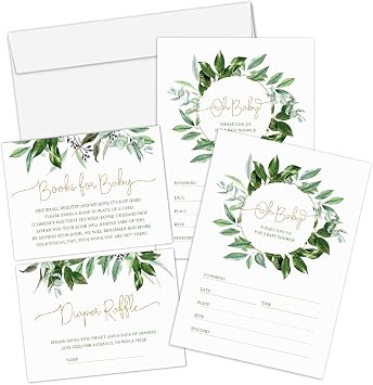 Hat Acrobat Set of 25 Floral Boho Baby Shower Invitations for Girl and Boy - Gender Neutral Sage Green Baby Shower Invitations for Boy & Girl, Diaper Raffle Tickets, Book Request Cards with Envelopes