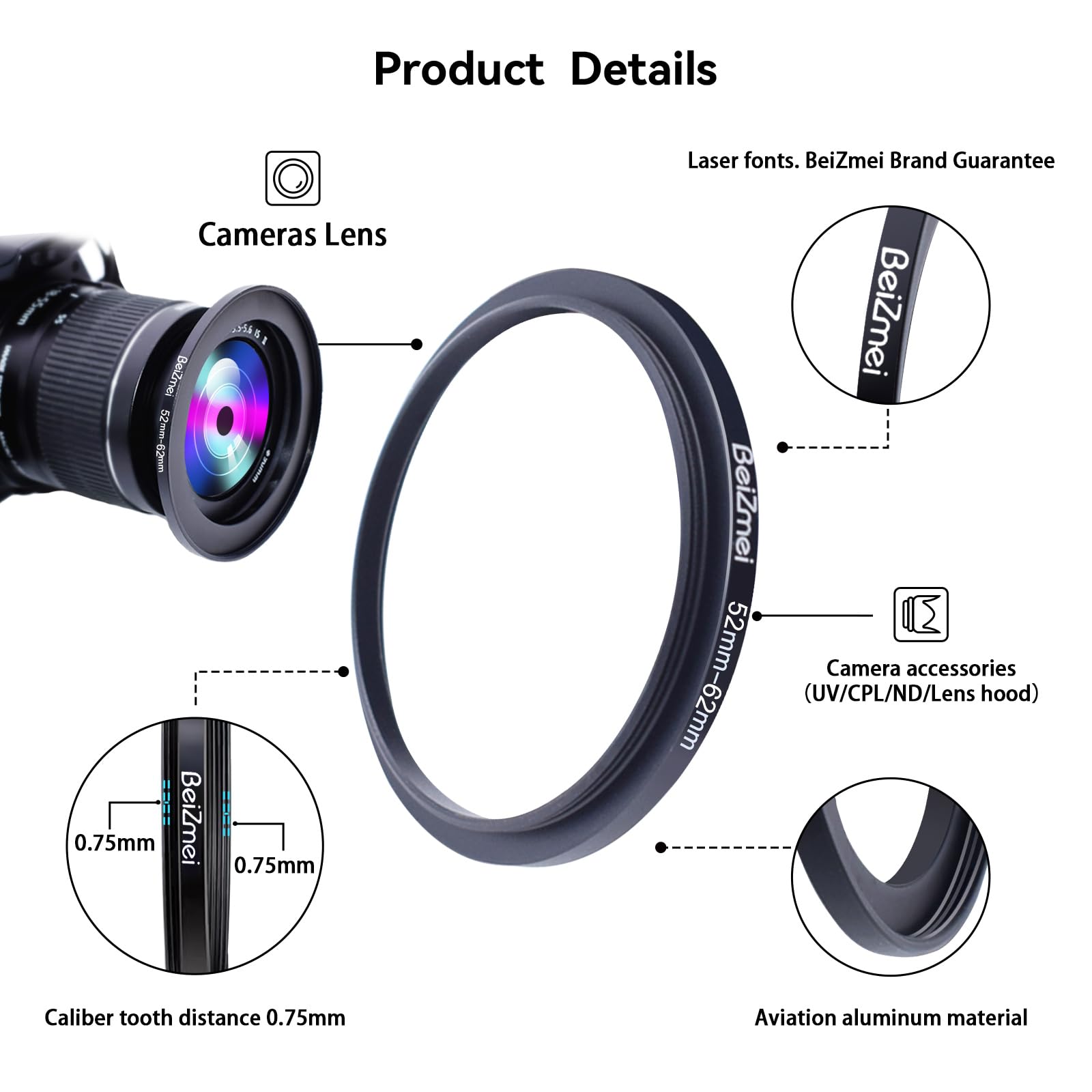 Filtre Adaptateur de 52mm à 62mm Compatible avec tous les objectifs 52mm à 62mm UV, ND, CPL, filtre, 52mm lentille à 62mm appareil photo Filtre (52-62mm) - 2