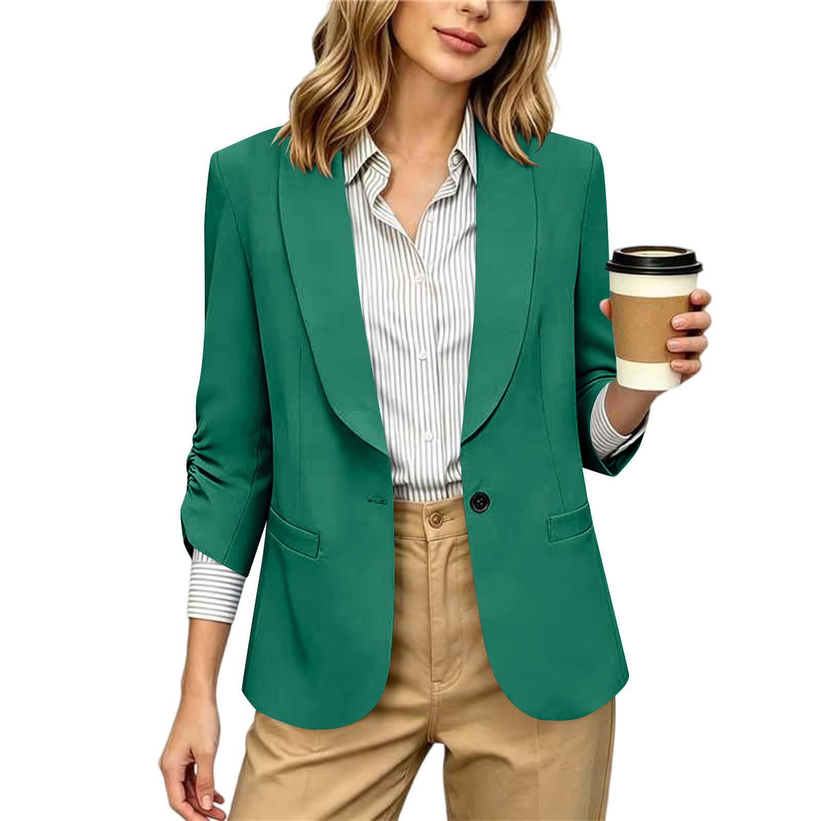 RLEHJN Damen Blazer,Lange Casual Open Front Gefütterte Blazer Arbeit Büro Jacken mit Taschen Sportlich Elegant Blazerjacke Casual Blazer Jacket Übergangsjacke Business Casual Outfits Für Die Arbeit