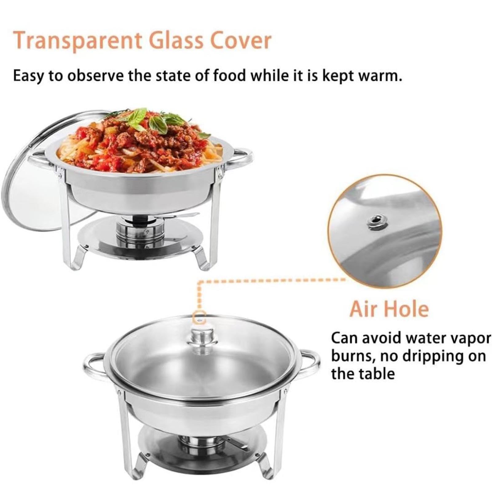 Ensemble de plats à frire – Chauffe-buffet rond en acier inoxydable avec couvercle en verre pour la restauration et les événements