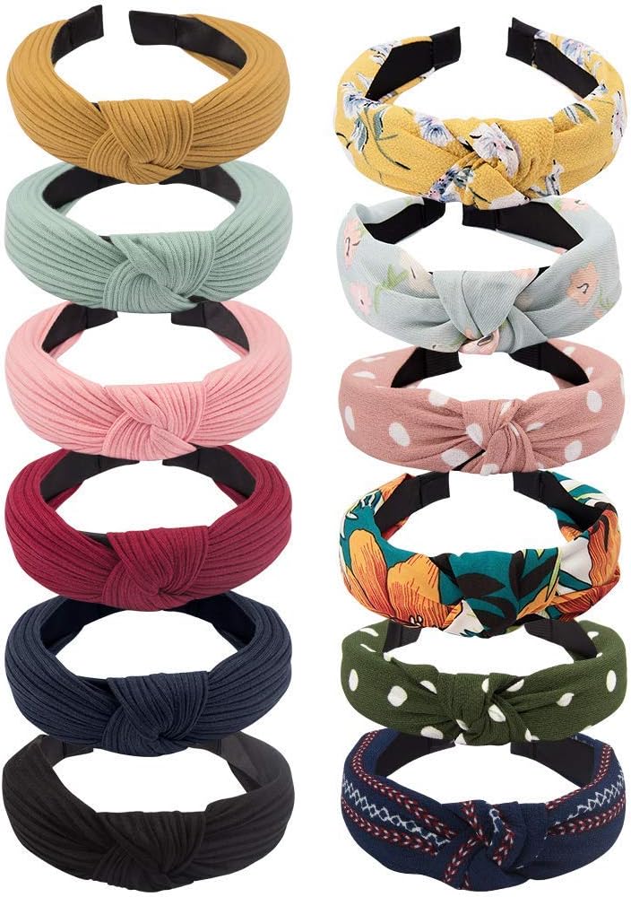VELSCRUN Womens Headbands Boho Headbands for Women 12 Pack Knot Headband Women Knotted Head Band Elastic Turban HeadBands Boho Bandeau Wide Hair Bands Hair Accessories for Washing Face