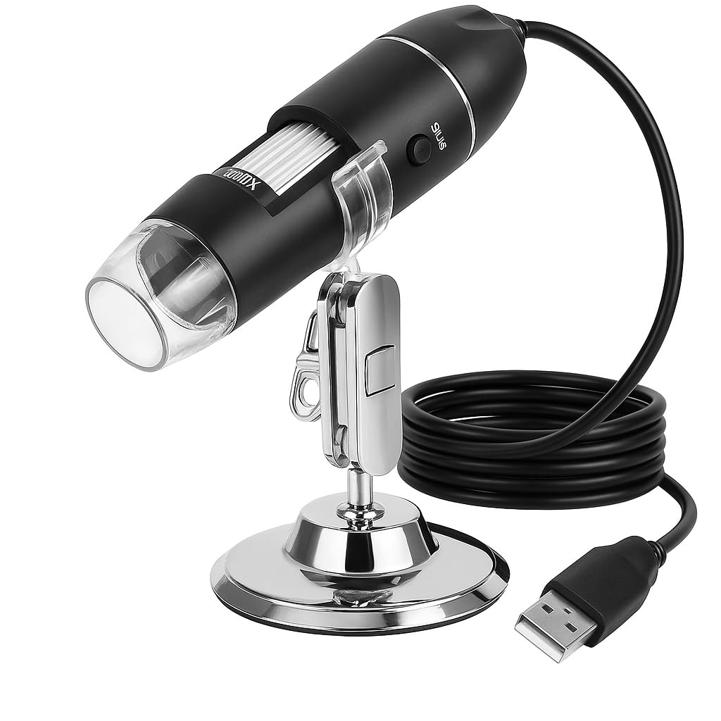 Microscopio Digital USB 1600x con Luz LED Ajustable – portátil - Compatible con Windows y Mac – endoscopio con Foto y Vídeo, para Estudiantes, Laboratorio, Electrónica, Botánica y Más