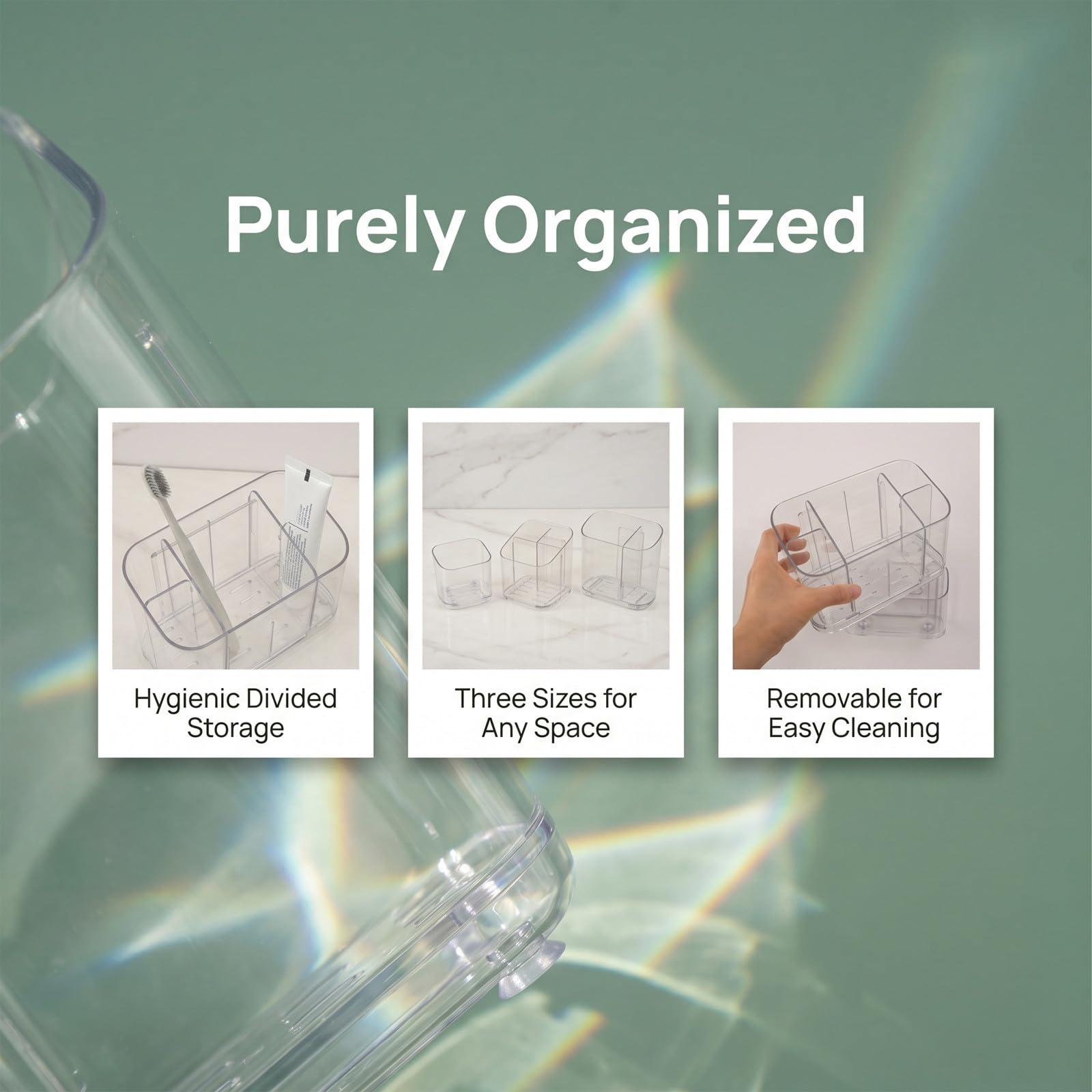 Luxshiny Soporte para cepillos de Dientes de Ducha (3 Unidades): Organizador de Pasta de Dientes de Pared con Divisor extraíble y Caja Inferior de plástico Transparente Desmontable para Recoger el