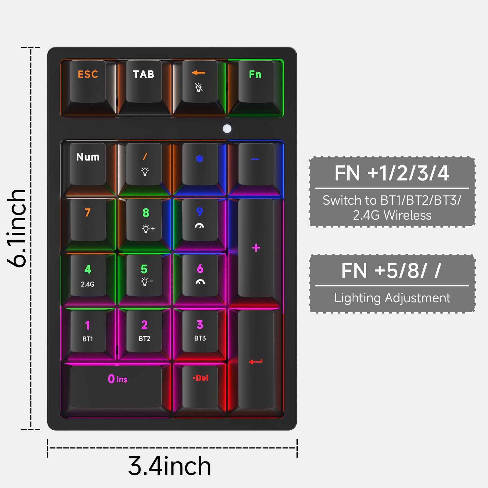 Teclado numérico mecánico con retroiluminación LED RGB de 21 teclas, teclado numérico inalámbrico 2.4G/Bluetooth 5.0/cable USB-C RGB retroiluminado teclado numérico recargable para Win/Mac