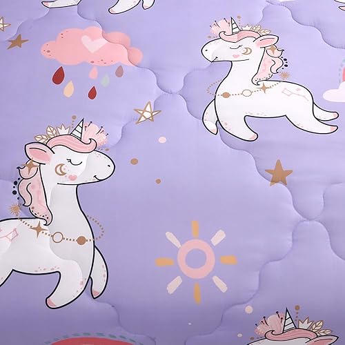 Miniatura 6 de Wajade Juego de edredón de unicornio morado para niños, cama en una bolsa, tamaño matrimonial, juego de ropa de cama de 7 piezas con bonito
