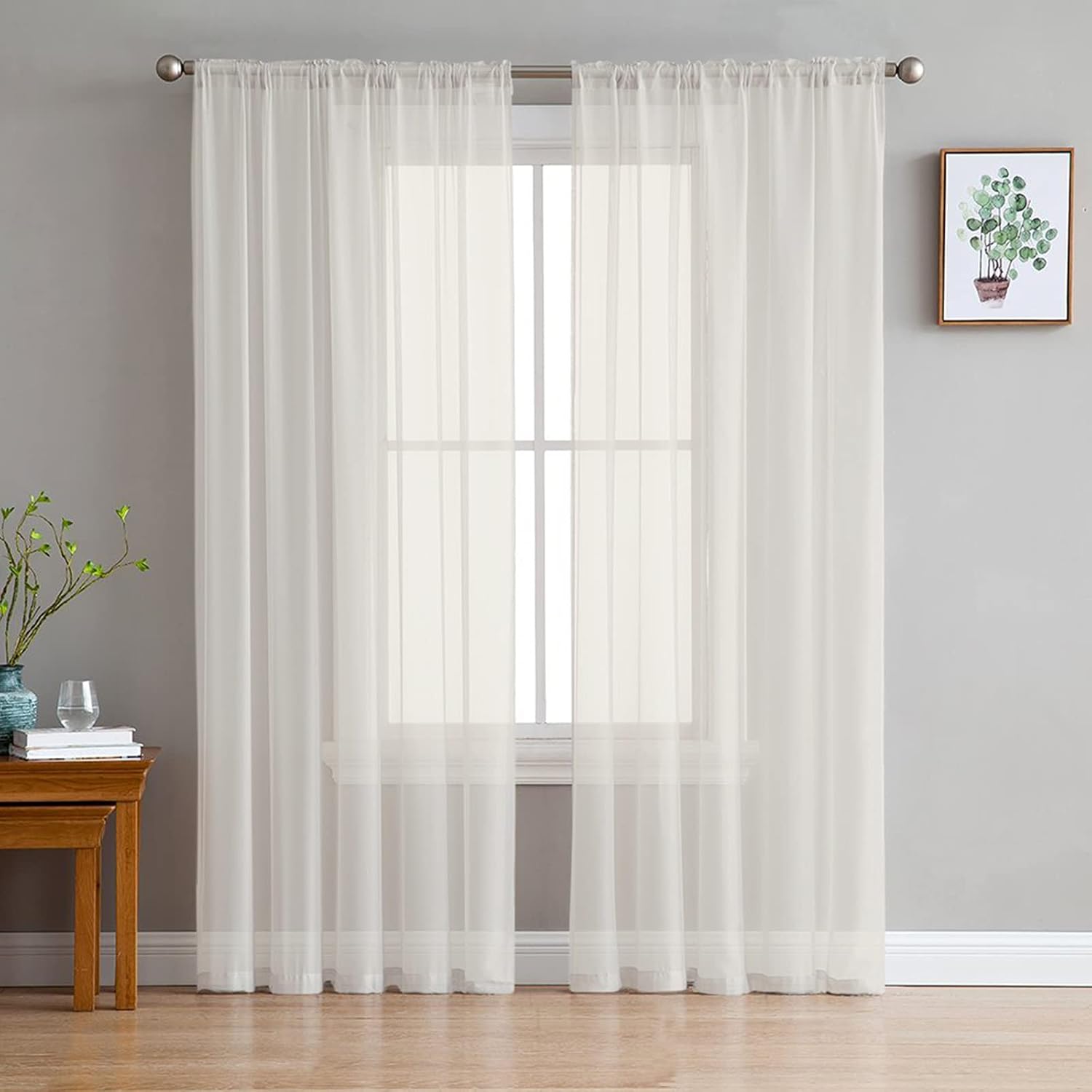 Sheer Curtains 54 Inches Long, Solid Color Beige Window Treatment Panels Light Filtering Rod Pocke Curtain Voile Drapes for Bedroom/Living Room Each 52" W x 54" L