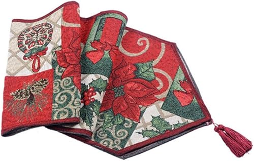 Miniatura 3 de Camino de mesa decorativo de Navidad de 13 x 71 pulgadas, tejido jacquard rojo de flor de pascua verde, hojas verdes, alegría, paz, amor, flor de