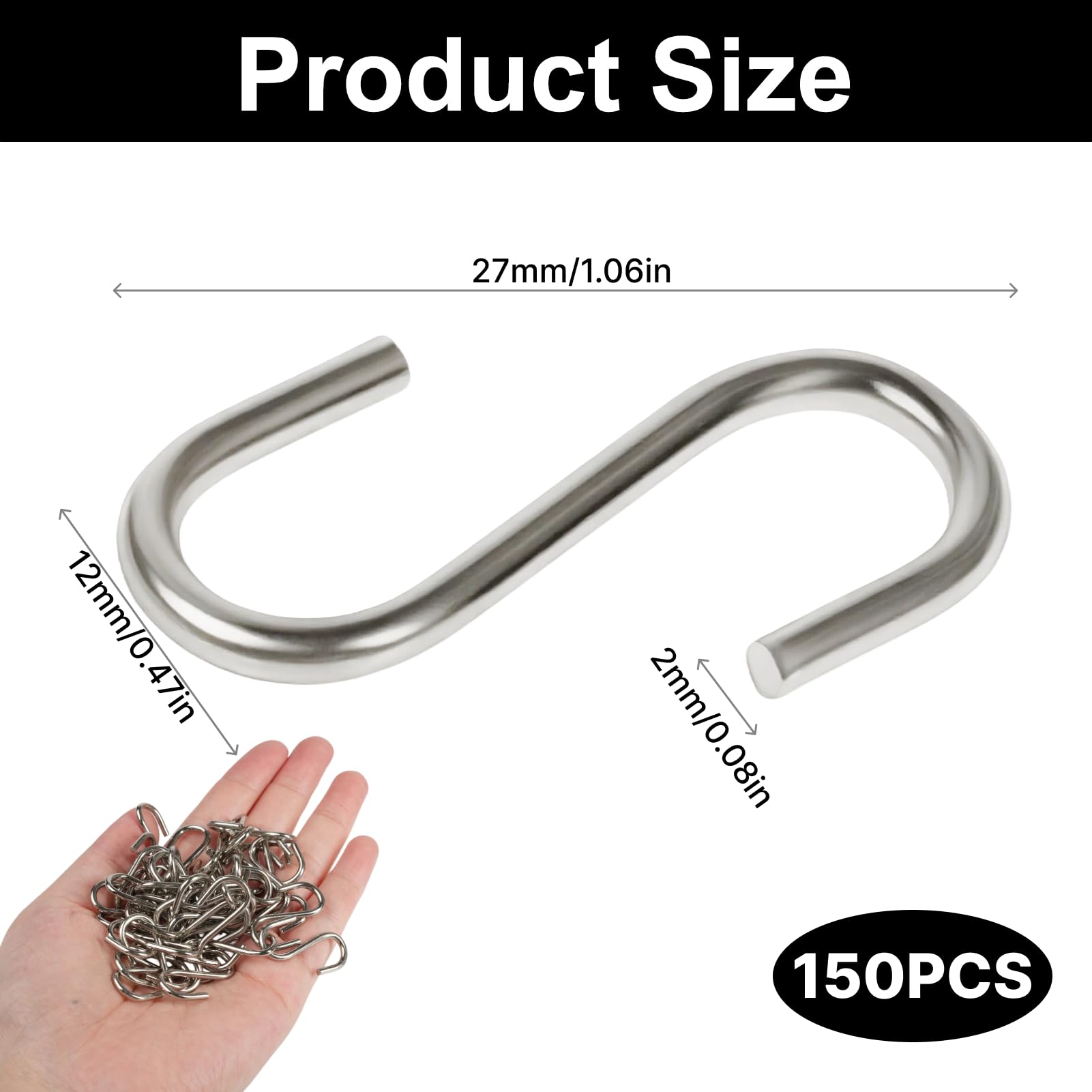 150 pezzi 304 acciaio inox S ganci intuitivi, 28 mm per cucina, bagno, officina e giardino - Ganci robusti S per progetti creativi fai da te e stoccaggio versatile