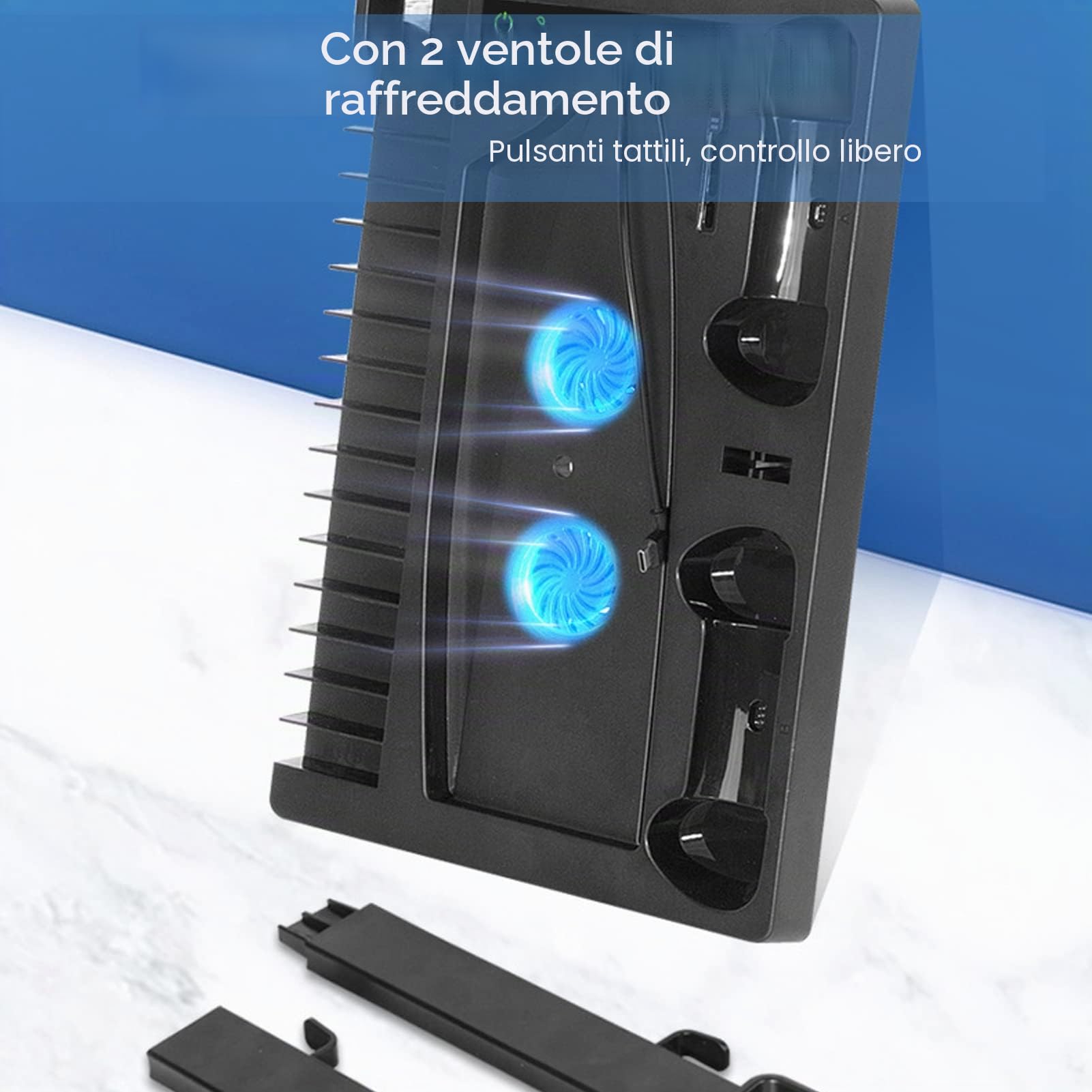 Goshyda Supporto per Ventola di Raffreddamento Verticale per Console PS5, Edizioni Digitali Caricatore Doppio Controller, 2 Ventole di Raffreddamento Silenzioso, Slot per Giochi