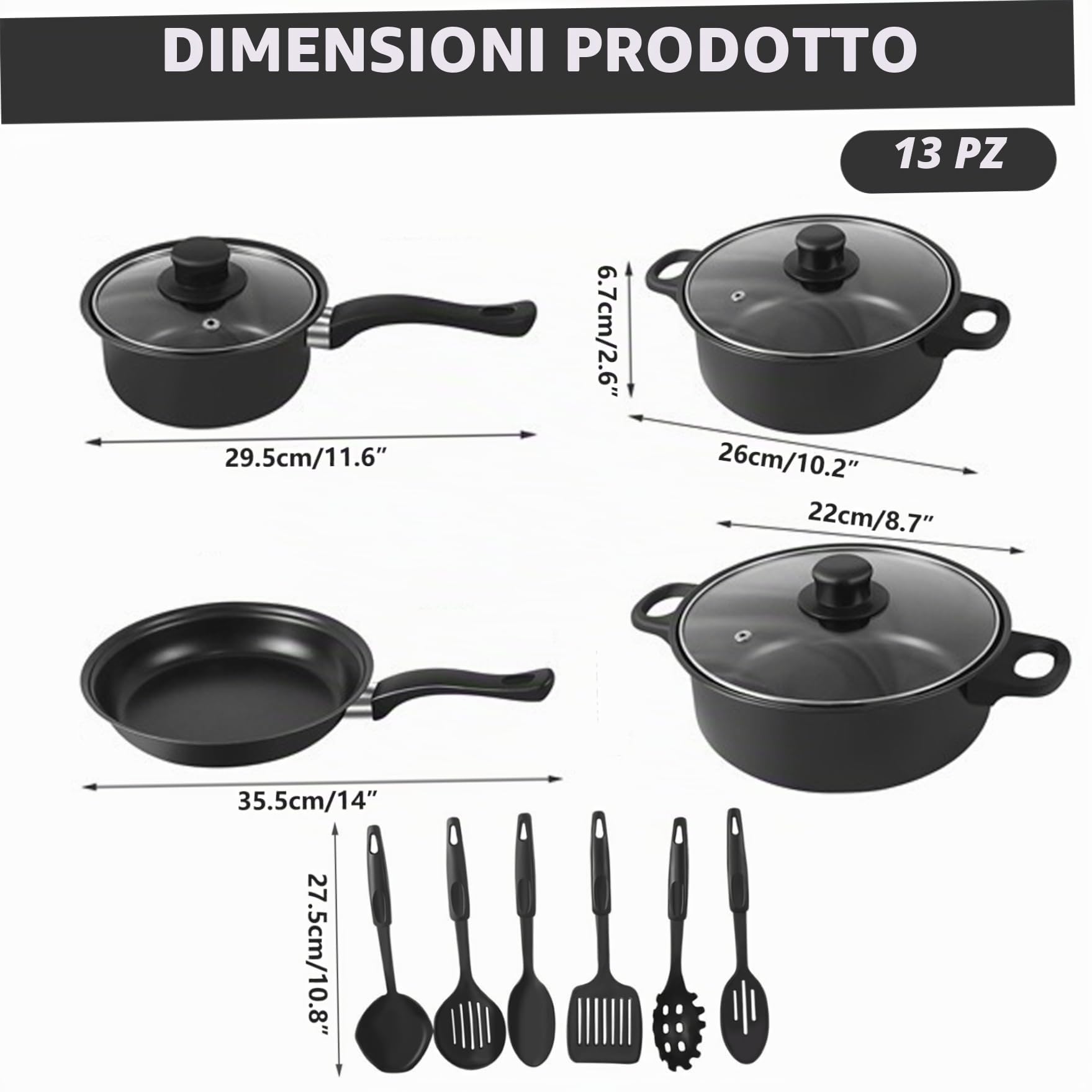 Set di pentole e padelle antiaderenti Set di pentole da 13 pezzi con padelle, casseruola, coperchio, cucchiaio, spatola e altro