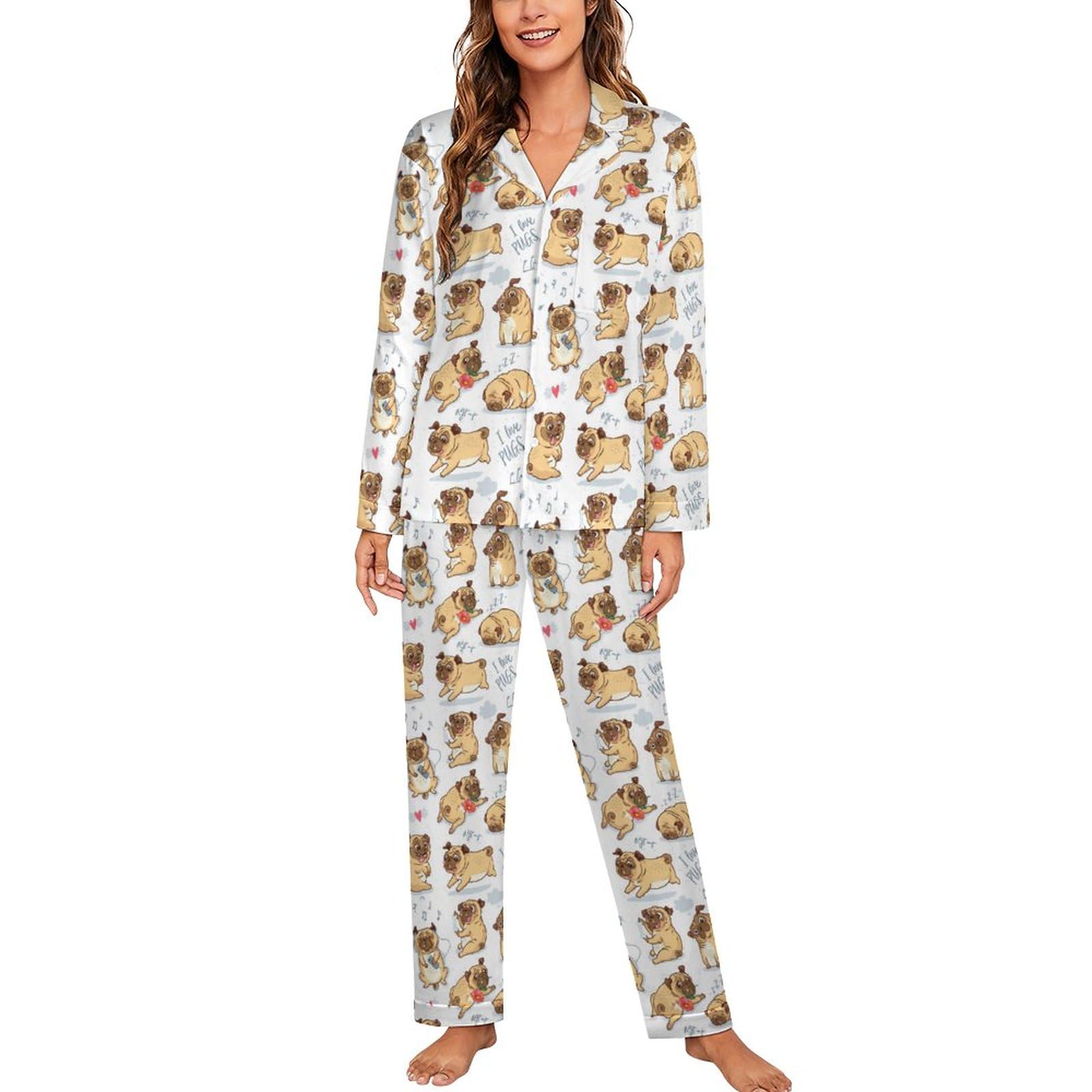 Qjjinxior Sleepwear,Pug Dog Pyjama Sets,Women Long Sleeve Loungewear with Pockets