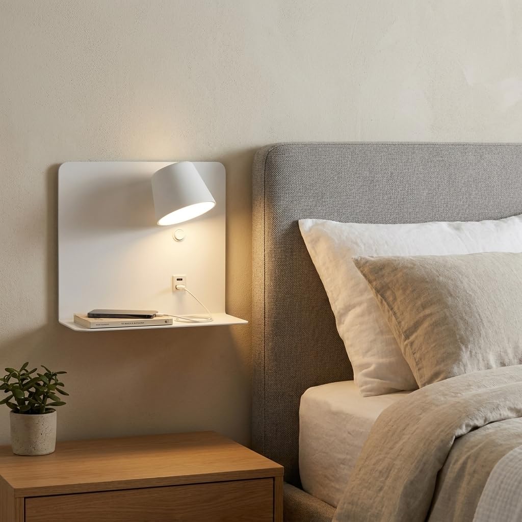 Alpinaluz Applique LED da Parete 6W Orientabile con USB e USB-C, CCT 3000K/4000K/6000K, Mensola Integrata in Acciaio e Faretto in Alluminio, Lampada da Lettura IP20 (Bianco – Destra)
