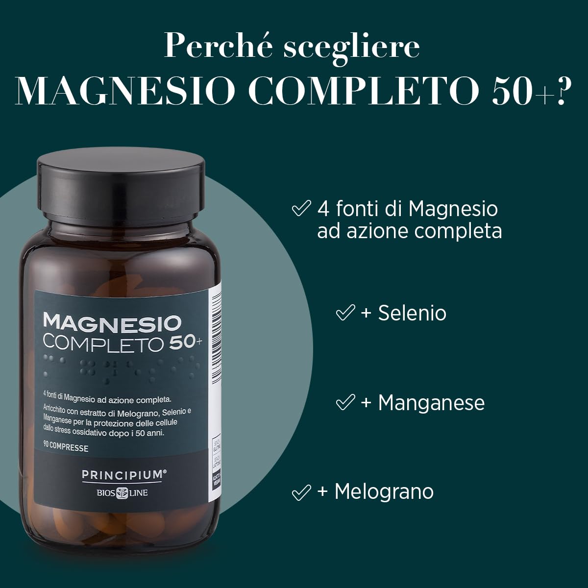 Bios Line Principium Magnesio Completo Brevettato 50+ Compresse, Integratore Alimentare, Magnesio, Selenio, Manganese e Melograno, 90 Compresse