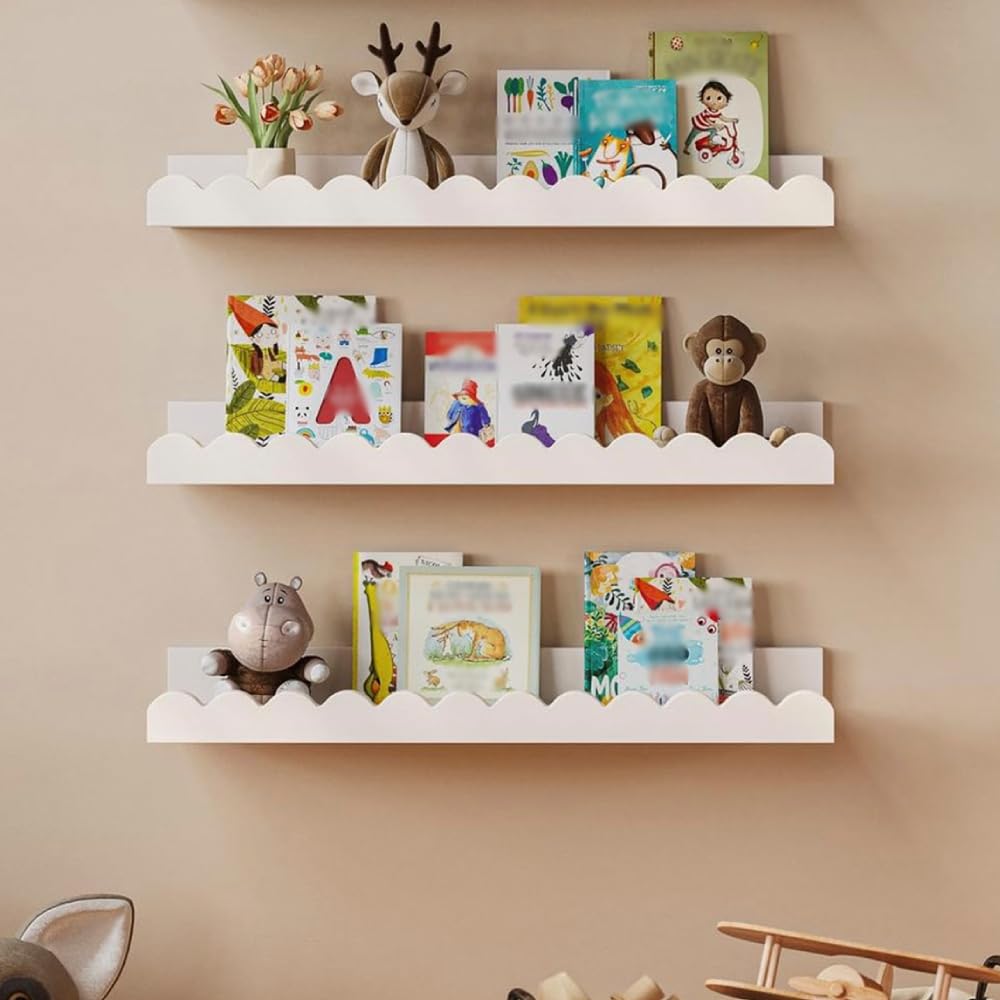 LevalCraft 3 Tier Floating Book Shelves, White Nursery Shelves, Scalloped Shelves, Wall Mounted Bookshelves For Books, Toys, Photo Frames, Nursery Décor — image 1