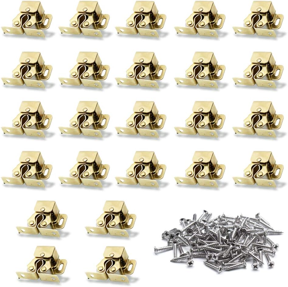 Luomorgo 24 Pack Double Roller Catch Cabinet Latches with Spear Strike for Cupboard Closet Door, Gold