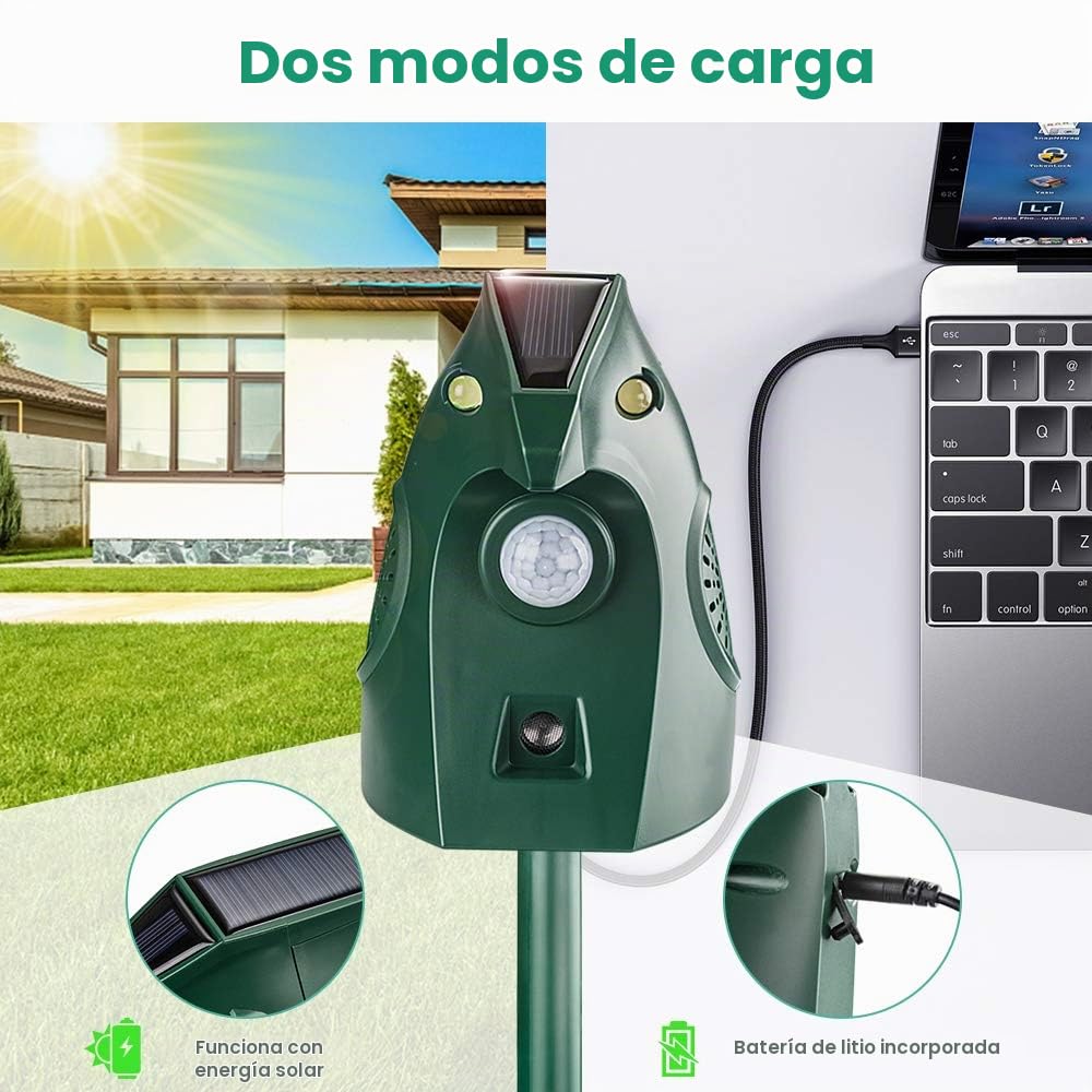 Repelente Ultrasónico para Gatos Exteriores, Repelente Palomas Ultrasónico Solar, Ahuyentador de Pajaros Animales, Carga USB Repelente Gatos Jardín Auyentar Perros, Palomas, PáJaros