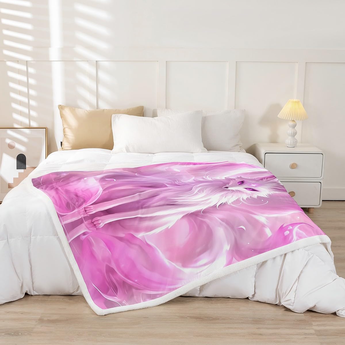 Erosebridal Arctic Fox Fleece Blanket Nine Tailed Fox Sherpa Blanket 90"x90", Mythical Animals Jungle Wildlife Magical Fuzzy Plush Throw