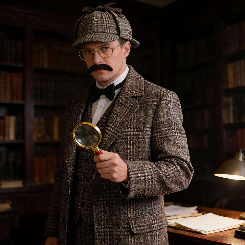 Zestaw akcesoriów do kostiumu detektywa, 5 sztuk, kostium Sherlocka Holmesa, rekwizyty do cosplay detektywa, z kapeluszem detektywistycznym, metalowymi okularami, lupą, muszką męską, brodą, dla