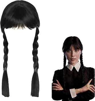Gxlaihly Adams Perruque, Mercredi Adams Frange Costume Avec Longue Tresses Pour Décorations De Fête Cosplay