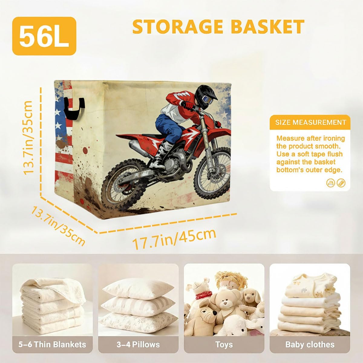 Motocross Laundry Hamper 56L Large Laundry Basket with Handles, Foldable Clothes Hamper for Bedroom Bathroom, Decorative Toy Storage Bin, Home Decor Organizer for Blankets, Towels & Toys. image 4