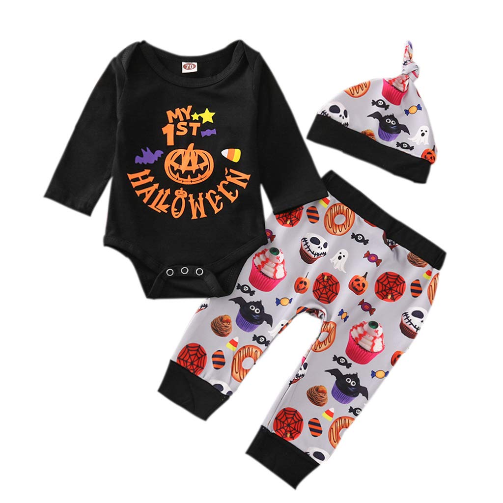 3PCS Baby Girls Boys Halloween Outfits Pumpkin Tops Ghost Leggings Pants with Csarf Hat Clothes Set