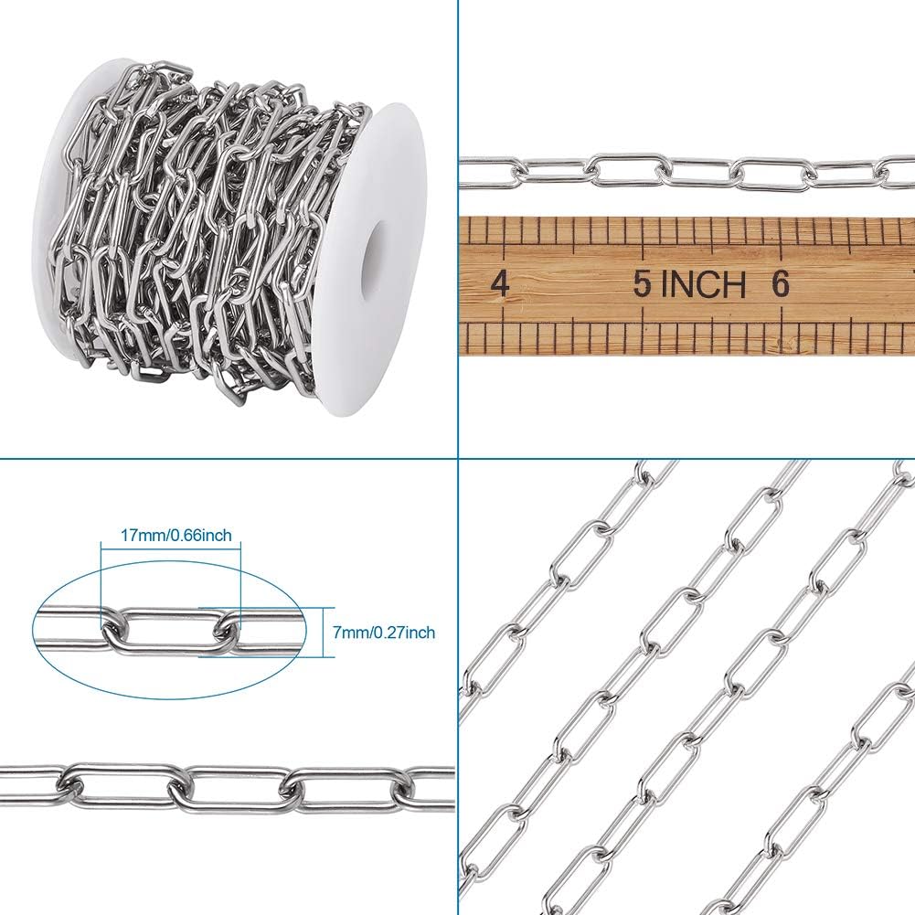 Pandahall 16.4 Feet 304 Stainless Steel Paperclip Chains Necklace 17x7.4x1.6mm Unwelded Strong Oval Cable Chains Links with Spool for Jewelry Making