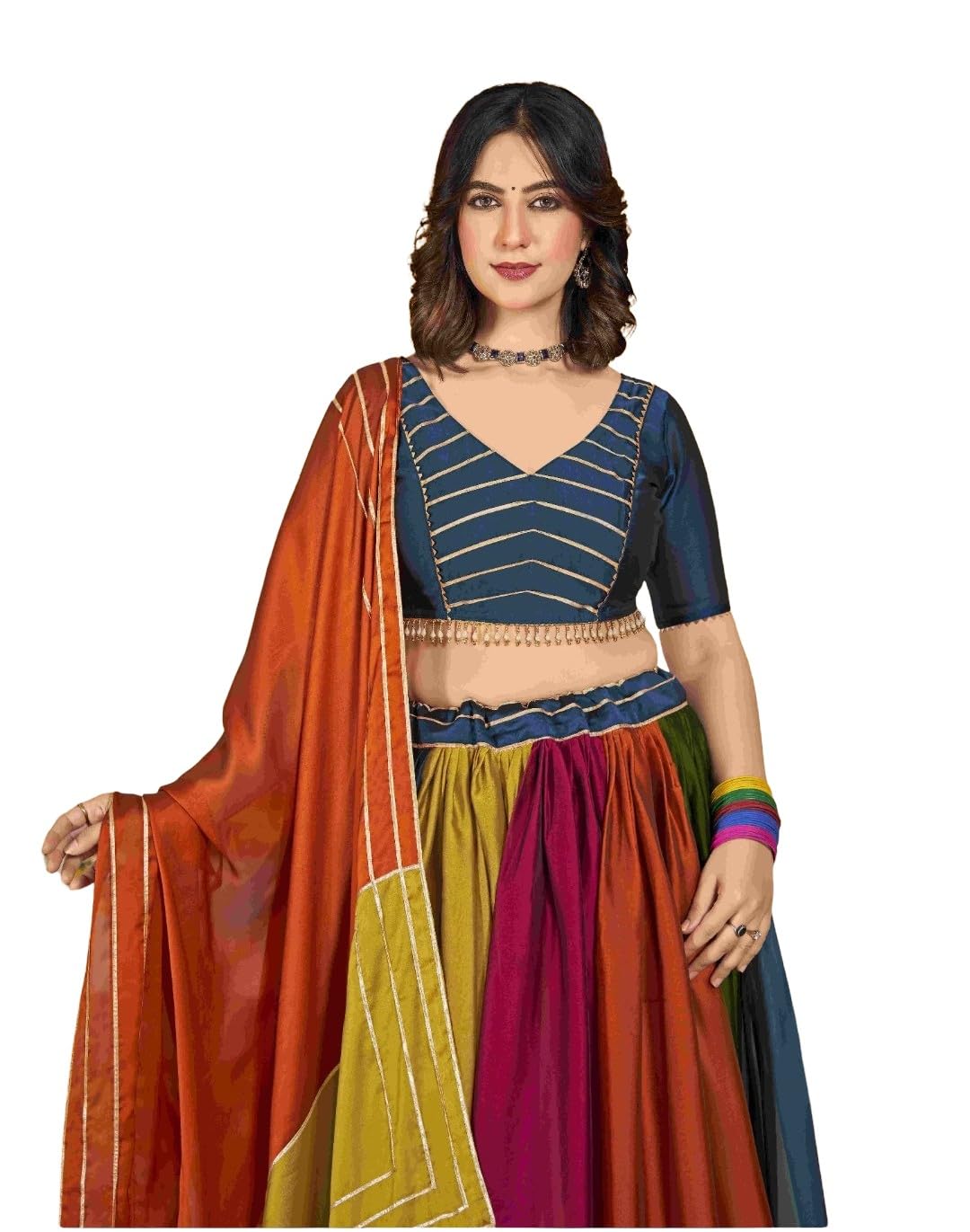 Women Multi Color Lehenga Choli Set with Dupatta.