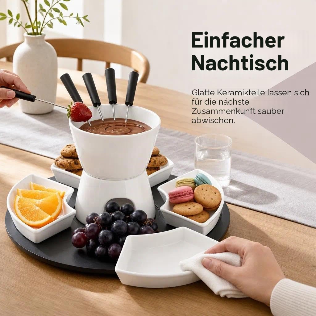 Keramik Schokofondue Set, 300ML Schokoladenfondue mit 4 Keramiktellern und 4 Gabeln, für Käse Fondue Familienessen Nachtisch Picknicks, Weiß