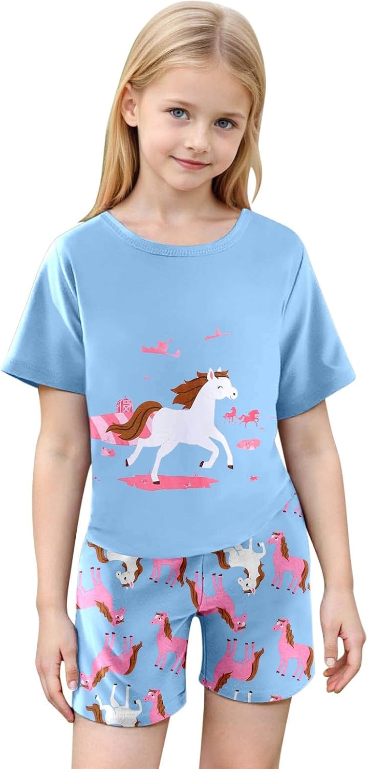 Kids Girls Casual Outfit Cartoon Print Crew Neck Short Sleeve Top and Shorts 2 Piece Soft Lightweight Homewear Outfit
