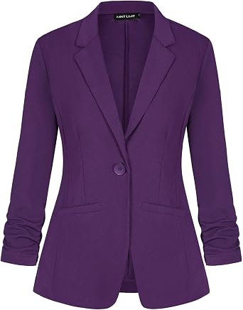 MINTLIMIT Womens Blazers & Suit Jackets Button Front Notched Lapel Jacket 3/4 Sleeve Blazers Casual Workwear with Pockets,Purple,L