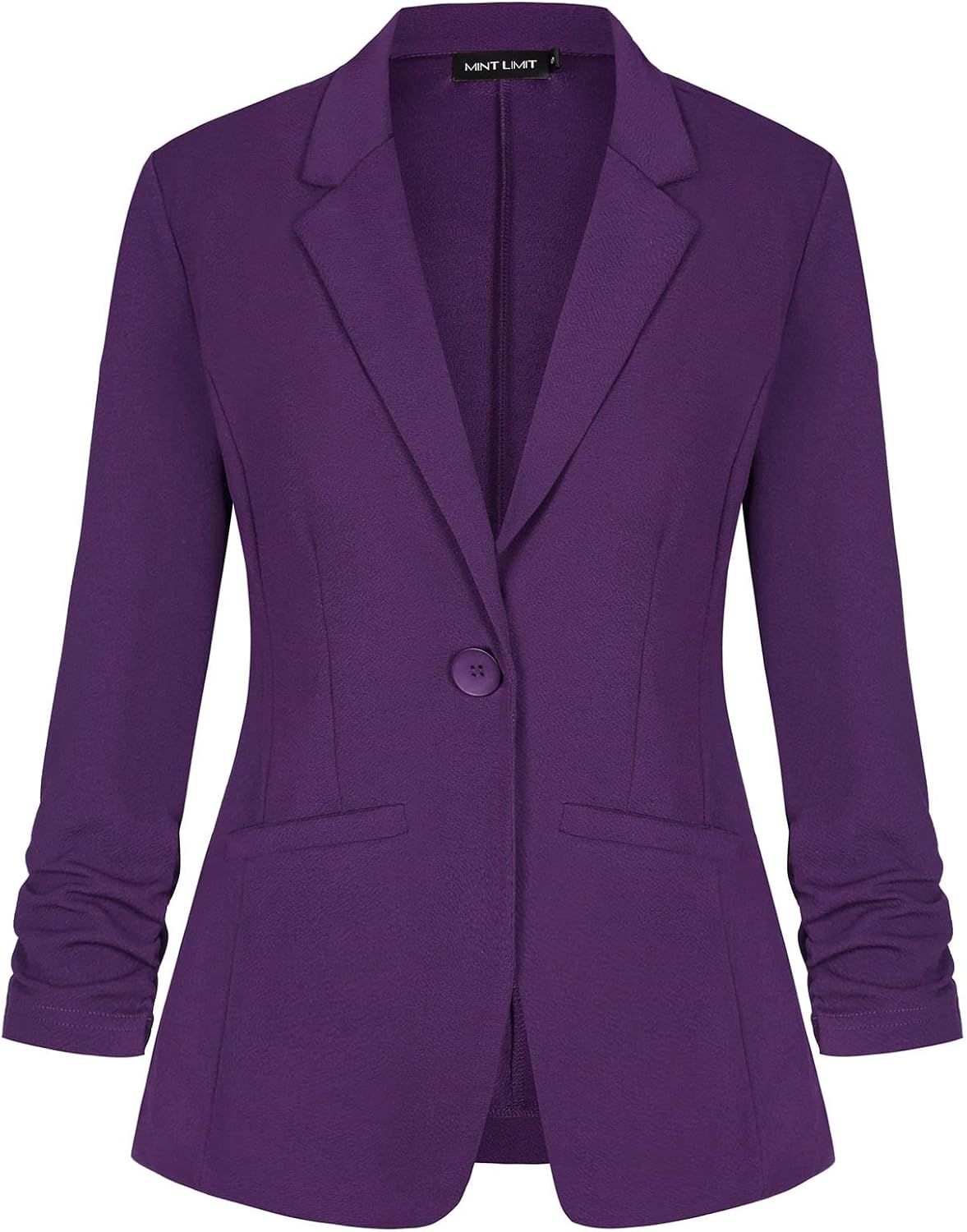 Women's Casual Blazer 3/4 Ruched Sleeve Open Front Button Work Office Blazer Jackets with Pockets
