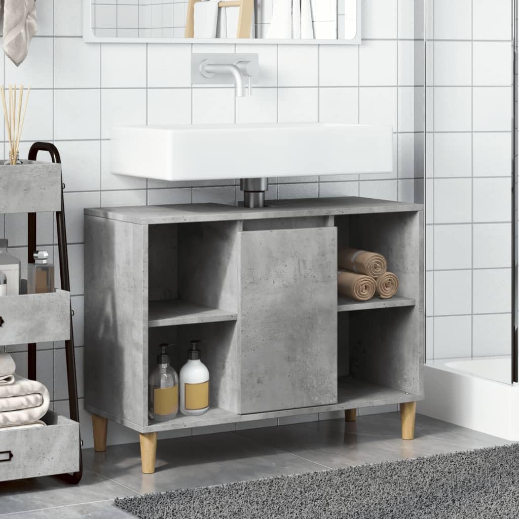 Mueble de baño de hormigón, color gris, 80 x 33 x 60 cm, material de madera con 4 estantes abiertos y 1 estante con puerta para baño, almacenamiento y montaje en pared