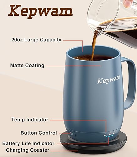 Miniatura 3 de Kepwam Taza de Café con Calefacción T2-Plus, Taza de Autocalentamiento de Gran Capacidad Líder de 20oz, Hasta 8 Horas de Batería y Caliente Hasta