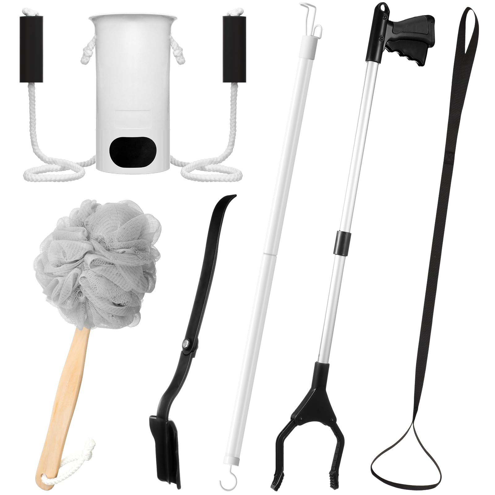 Mumufy Kit de recuperación de reemplazo de cadera de 6 piezas, juego de recuperación de cirugía, incluye cordones plegables para agarrar, dispositivo de asistente de calcetines, palo de vestir,
