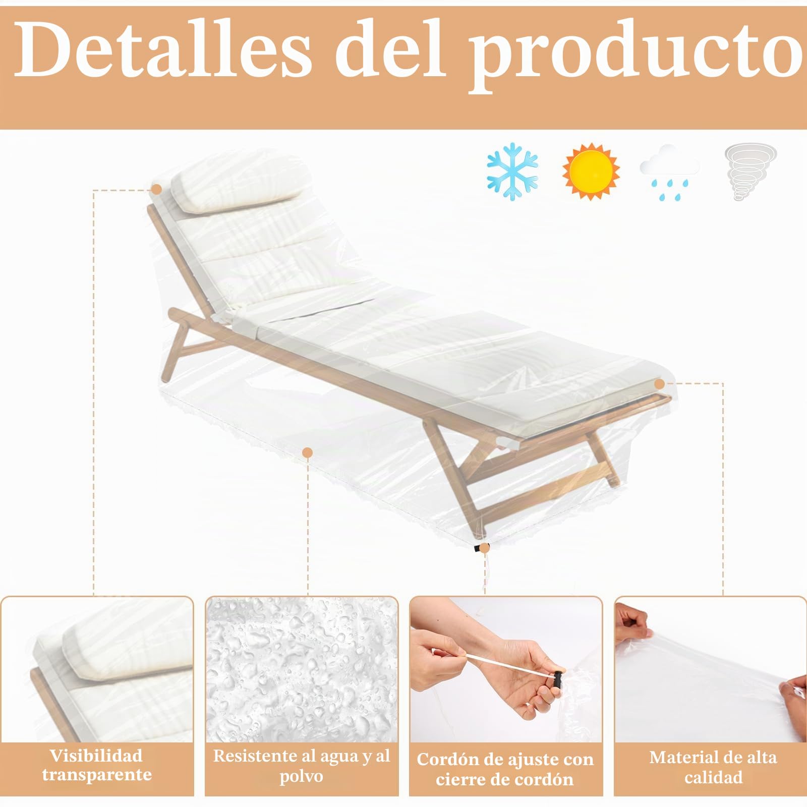 Funda protectora para tumbona de jardín, 200 x 70 x 75 cm, transparente, resistente al agua