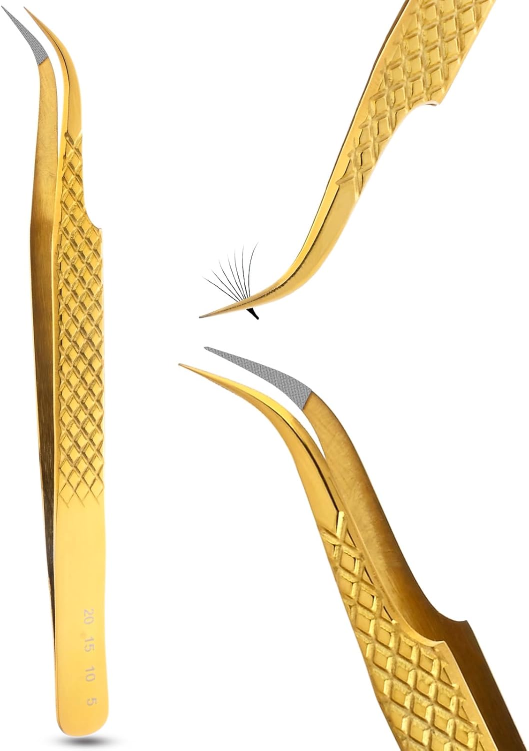 Fiber Tip Tweezers for Lash Extensions Professional Eyelash Extension Tweezer, Fiber Grip Curved Lash Fan Making Tweezers for Volume lashes Extensions (Gold, 1Pc)
