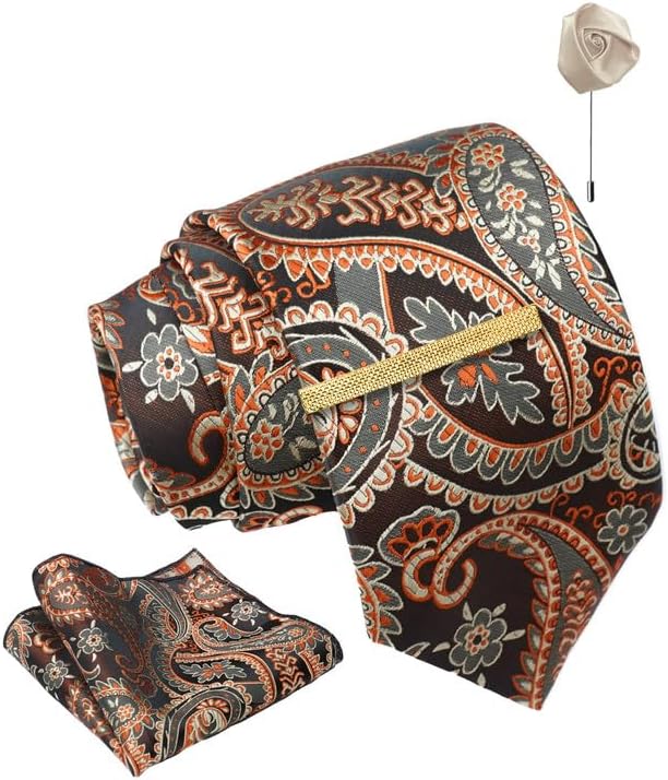Pasiley Tie For Men – Formal Ties Set With Pocket Square, Cufflink, Tie Clip & Flower Pin With Gift Box For Mens (AXPL)